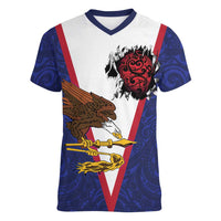 American Samoa Heart Tribal Personalized Women V-Neck T-Shirt Polynesian Patterns LT9 Female Blue - Polynesian Pride