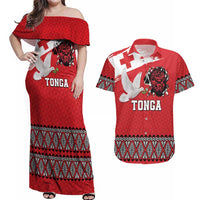 Tonga Heart Tribal Personalised Couples Matching Off Shoulder Maxi Dress and Hawaiian Shirt Polynesian Patterns LT9 Red - Polynesian Pride