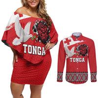 Tonga Heart Tribal Personalised Couples Matching Off Shoulder Short Dress and Long Sleeve Button Shirt Polynesian Patterns LT9 Red - Polynesian Pride