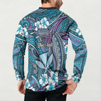 Personalised Hawaii Tribal Humpback Whale Button Sweatshirt Polu Hibiscus Seamless Pattern LT9 - Polynesian Pride