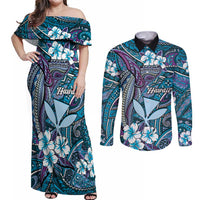 Personalised Hawaii Tribal Humpback Whale Couples Matching Off Shoulder Maxi Dress and Long Sleeve Button Shirt Polu Hibiscus Seamless Pattern LT9 Blue - Polynesian Pride