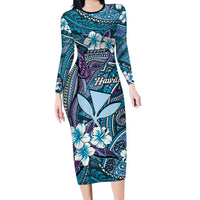 Personalised Hawaii Tribal Humpback Whale Family Matching Long Sleeve Bodycon Dress and Hawaiian Shirt Polu Hibiscus Seamless Pattern
