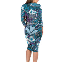 Personalised Hawaii Tribal Humpback Whale Family Matching Long Sleeve Bodycon Dress and Hawaiian Shirt Polu Hibiscus Seamless Pattern