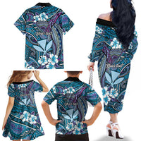 Personalised Hawaii Tribal Humpback Whale Family Matching Off The Shoulder Long Sleeve Dress and Hawaiian Shirt Polu Hibiscus Seamless Pattern