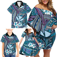 Personalised Hawaii Tribal Humpback Whale Family Matching Off Shoulder Short Dress and Hawaiian Shirt Polu Hibiscus Seamless Pattern