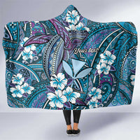 Personalised Hawaii Tribal Humpback Whale Hooded Blanket Polu Hibiscus Seamless Pattern LT9 One Size Blue - Polynesian Pride