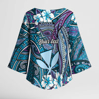 Personalised Hawaii Tribal Humpback Whale Kimono Sleeve Blouse Polu Hibiscus Seamless Pattern LT9 - Polynesian Pride