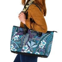 Personalised Hawaii Tribal Humpback Whale Leather Tote Bag Polu Hibiscus Seamless Pattern LT9 Blue - Polynesian Pride