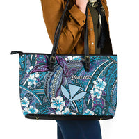 Personalised Hawaii Tribal Humpback Whale Leather Tote Bag Polu Hibiscus Seamless Pattern LT9 - Polynesian Pride