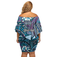 Personalised Hawaii Tribal Humpback Whale Off Shoulder Short Dress Polu Hibiscus Seamless Pattern LT9 - Polynesian Pride
