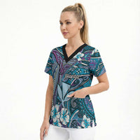 Personalised Hawaii Tribal Humpback Whale Scrub Top Polu Hibiscus Seamless Pattern LT9 - Polynesian Pride