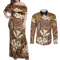 Personalised Hawaii Tribal Humpback Whale Couples Matching Off Shoulder Maxi Dress and Long Sleeve Button Shirt Melemele Hibiscus Seamless Pattern LT9 Gold - Polynesian Pride