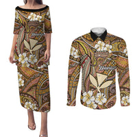 Personalised Hawaii Tribal Humpback Whale Couples Matching Puletasi and Long Sleeve Button Shirt Melemele Hibiscus Seamless Pattern LT9 Gold - Polynesian Pride