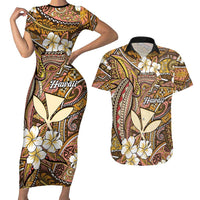 Personalised Hawaii Tribal Humpback Whale Couples Matching Short Sleeve Bodycon Dress and Hawaiian Shirt Melemele Hibiscus Seamless Pattern