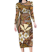 Personalised Hawaii Tribal Humpback Whale Long Sleeve Bodycon Dress Melemele Hibiscus Seamless Pattern LT9 Long Dress Gold - Polynesian Pride