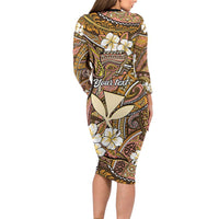 Personalised Hawaii Tribal Humpback Whale Long Sleeve Bodycon Dress Melemele Hibiscus Seamless Pattern LT9 - Polynesian Pride