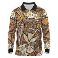 Personalised Hawaii Tribal Humpback Whale Long Sleeve Polo Shirt Melemele Hibiscus Seamless Pattern LT9 Gold - Polynesian Pride