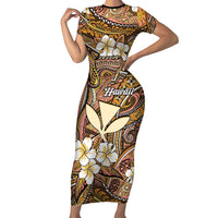 Personalised Hawaii Tribal Humpback Whale Short Sleeve Bodycon Dress Melemele Hibiscus Seamless Pattern LT9 Long Dress Gold - Polynesian Pride