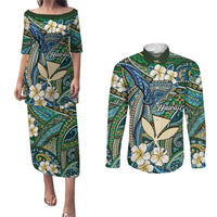 Personalised Hawaii Tribal Humpback Whale Couples Matching Puletasi and Long Sleeve Button Shirt Omaomao Hibiscus Seamless Pattern LT9 Green - Polynesian Pride