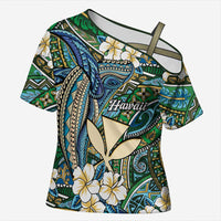 Personalised Hawaii Tribal Humpback Whale Cross Shoulder Shirt Omaomao Hibiscus Seamless Pattern LT9 Female Green - Polynesian Pride
