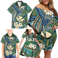 Personalised Hawaii Tribal Humpback Whale Family Matching Off Shoulder Short Dress and Hawaiian Shirt Omaomao Hibiscus Seamless Pattern