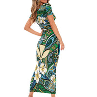 Personalised Hawaii Tribal Humpback Whale Family Matching Short Sleeve Bodycon Dress and Hawaiian Shirt Omaomao Hibiscus Seamless Pattern