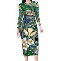 Personalised Hawaii Tribal Humpback Whale Long Sleeve Bodycon Dress Omaomao Hibiscus Seamless Pattern LT9 Long Dress Green - Polynesian Pride