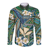 Personalised Hawaii Tribal Humpback Whale Long Sleeve Button Shirt Omaomao Hibiscus Seamless Pattern LT9 Unisex Green - Polynesian Pride