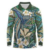 Personalised Hawaii Tribal Humpback Whale Long Sleeve Polo Shirt Omaomao Hibiscus Seamless Pattern LT9 Green - Polynesian Pride