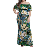 Personalised Hawaii Tribal Humpback Whale Off Shoulder Maxi Dress Omaomao Hibiscus Seamless Pattern LT9 Women Green - Polynesian Pride