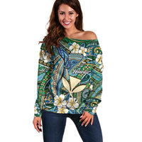 Personalised Hawaii Tribal Humpback Whale Off Shoulder Sweater Omaomao Hibiscus Seamless Pattern LT9 Women Green - Polynesian Pride