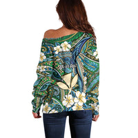 Personalised Hawaii Tribal Humpback Whale Off Shoulder Sweater Omaomao Hibiscus Seamless Pattern LT9 - Polynesian Pride