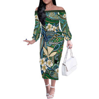 Personalised Hawaii Tribal Humpback Whale Off The Shoulder Long Sleeve Dress Omaomao Hibiscus Seamless Pattern LT9 Women Green - Polynesian Pride