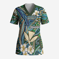 Personalised Hawaii Tribal Humpback Whale Scrub Top Omaomao Hibiscus Seamless Pattern LT9 Adult Green - Polynesian Pride
