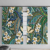 Personalised Hawaii Tribal Humpback Whale Window Curtain Omaomao Hibiscus Seamless Pattern LT9 With Hooks Green - Polynesian Pride