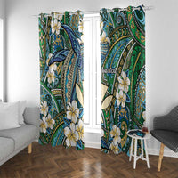 Personalised Hawaii Tribal Humpback Whale Window Curtain Omaomao Hibiscus Seamless Pattern LT9 With Grommets Green - Polynesian Pride