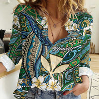 Personalised Hawaii Tribal Humpback Whale Women Casual Shirt Omaomao Hibiscus Seamless Pattern LT9 Female Green - Polynesian Pride