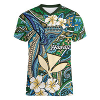 Personalised Hawaii Tribal Humpback Whale Women V-Neck T-Shirt Omaomao Hibiscus Seamless Pattern LT9 Female Green - Polynesian Pride