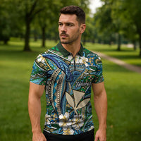 Personalised Hawaii Tribal Humpback Whale Zipper Polo Shirt Omaomao Hibiscus Seamless Pattern LT9 - Polynesian Pride
