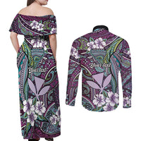 Personalised Hawaii Tribal Humpback Whale Couples Matching Off Shoulder Maxi Dress and Long Sleeve Button Shirt Poni Hibiscus Seamless Pattern LT9 - Polynesian Pride