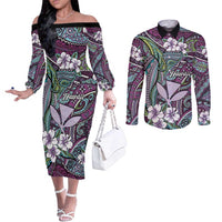 Personalised Hawaii Tribal Humpback Whale Couples Matching Off The Shoulder Long Sleeve Dress and Long Sleeve Button Shirt Poni Hibiscus Seamless Pattern