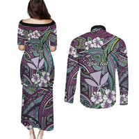 Personalised Hawaii Tribal Humpback Whale Couples Matching Puletasi and Long Sleeve Button Shirt Poni Hibiscus Seamless Pattern LT9 - Polynesian Pride