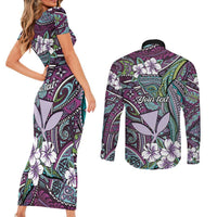 Personalised Hawaii Tribal Humpback Whale Couples Matching Short Sleeve Bodycon Dress and Long Sleeve Button Shirt Poni Hibiscus Seamless Pattern LT9 - Polynesian Pride