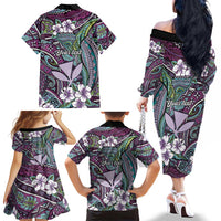 Personalised Hawaii Tribal Humpback Whale Family Matching Off The Shoulder Long Sleeve Dress and Hawaiian Shirt Poni Hibiscus Seamless Pattern
