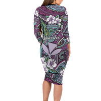 Personalised Hawaii Tribal Humpback Whale Long Sleeve Bodycon Dress Poni Hibiscus Seamless Pattern LT9 - Polynesian Pride