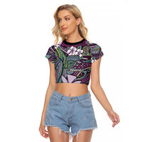 Personalised Hawaii Tribal Humpback Whale Raglan Cropped T Shirt Poni Hibiscus Seamless Pattern LT9 Female Purple - Polynesian Pride