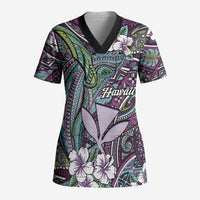 Personalised Hawaii Tribal Humpback Whale Scrub Top Poni Hibiscus Seamless Pattern LT9 Adult Purple - Polynesian Pride