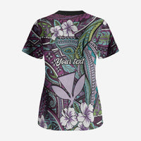 Personalised Hawaii Tribal Humpback Whale Scrub Top Poni Hibiscus Seamless Pattern LT9 - Polynesian Pride