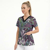 Personalised Hawaii Tribal Humpback Whale Scrub Top Poni Hibiscus Seamless Pattern LT9 - Polynesian Pride
