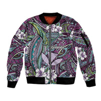 Personalised Hawaii Tribal Humpback Whale Sleeve Zip Bomber Jacket Poni Hibiscus Seamless Pattern LT9 Unisex Purple - Polynesian Pride